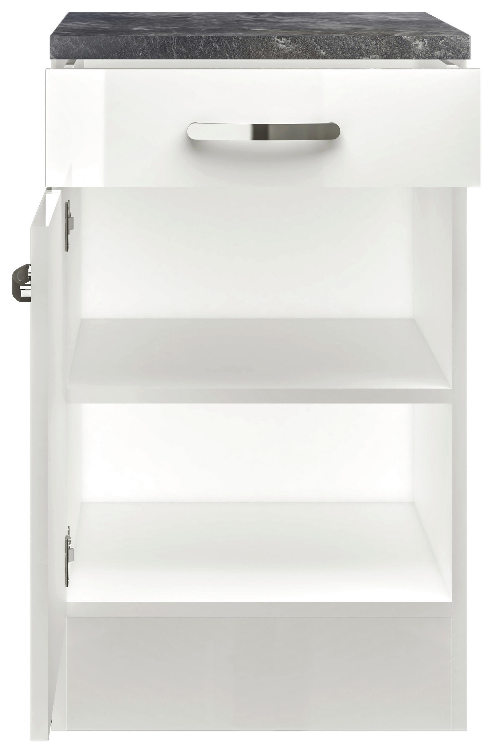 KÜCHENUNTERSCHRANK 50/86/60 cm in Weiß, Weiß Hochglanz - Schieferfarben/Edelstahlfarben, MODERN, Holzwerkstoff/Metall (50/86/60cm) - FlexWell