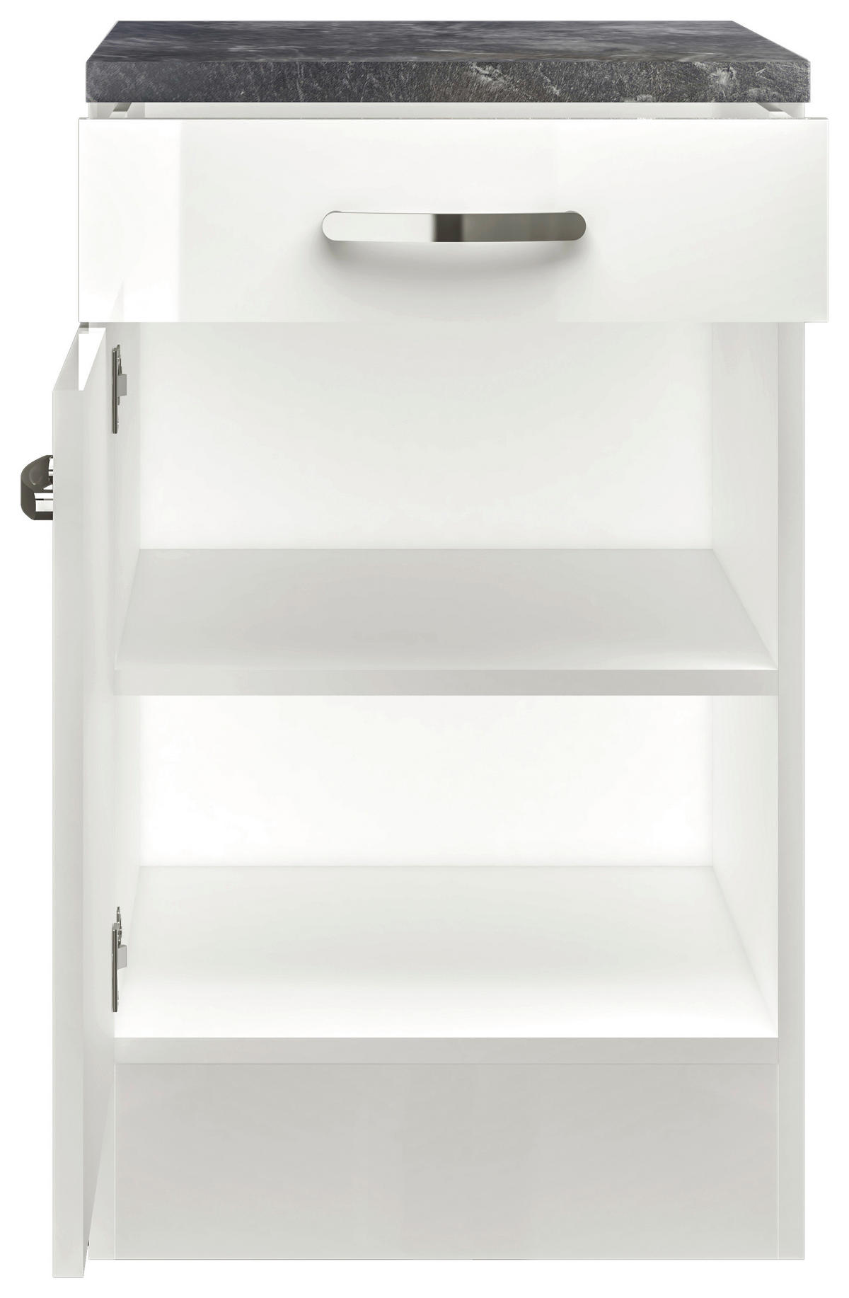 KÜCHENUNTERSCHRANK 50/86/60 cm  in Weiß, Weiß Hochglanz  - Schieferfarben/Edelstahlfarben, MODERN, Holzwerkstoff/Metall (50/86/60cm) - FlexWell