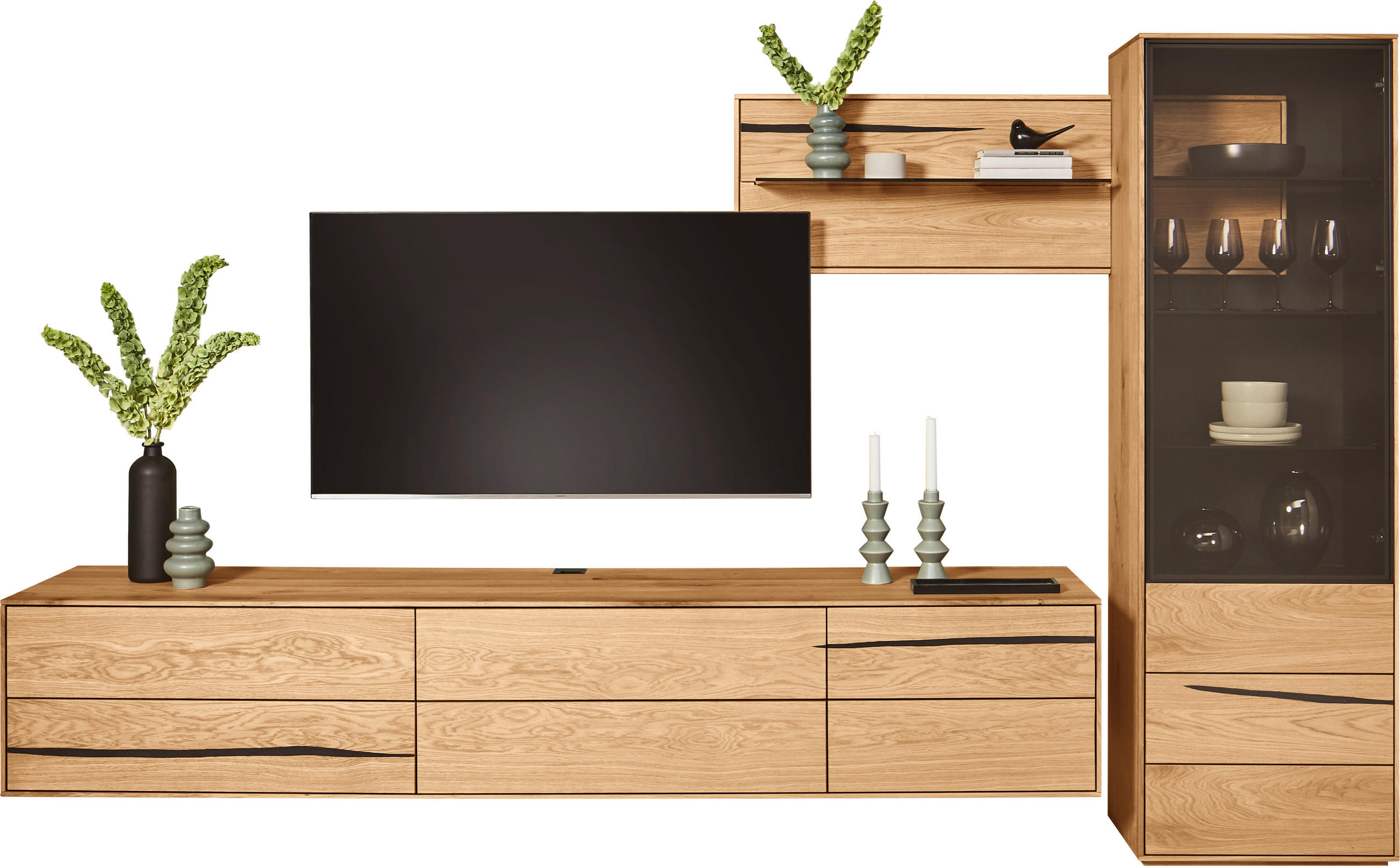 WOHNWAND 3-teilig  in Schwarz, Eichefarben  320/192/50 cm  - Eichefarben/Schwarz, Natur, Glas/Holz (320/192/50cm) - Waldwelt