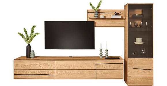 WOHNWAND 3-teilig  in Schwarz, Eichefarben  320/192/50 cm  LED-COB-Leuchtmittel, Dekoleuchtmittel   - Eichefarben/Schwarz, Natur, Glas/Holz (320/192/50cm) - Waldwelt