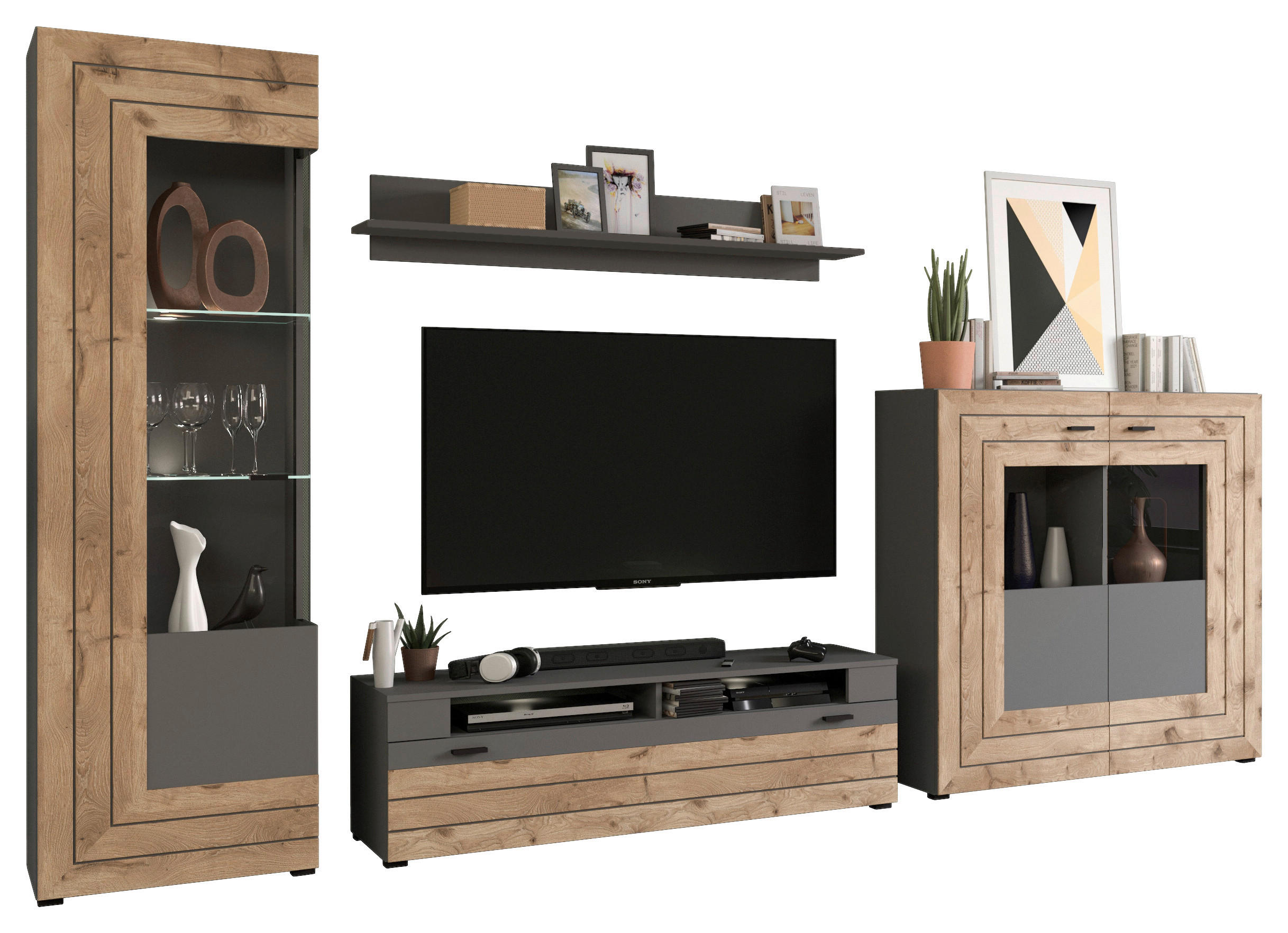 WOHNWAND  350/195/40 cm  in  - KONVENTIONELL, Glas/Holzwerkstoff (350/195/40cm) - MID.YOU