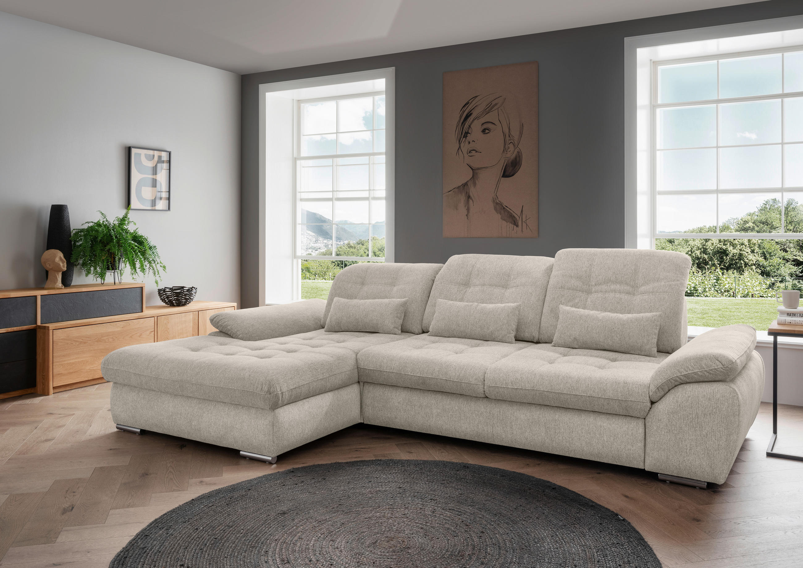 ECKSOFA  in Chenille Beige  - Chromfarben/Beige, MODERN, Textil/Metall (184/314cm) - Livetastic
