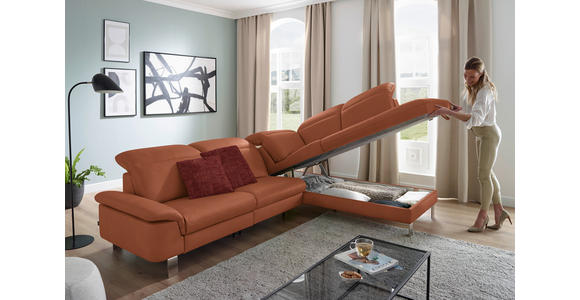 ECKSOFA in Echtleder Cognac  - Edelstahlfarben/Cognac, Design, Leder/Metall (309/233cm) - Dieter Knoll