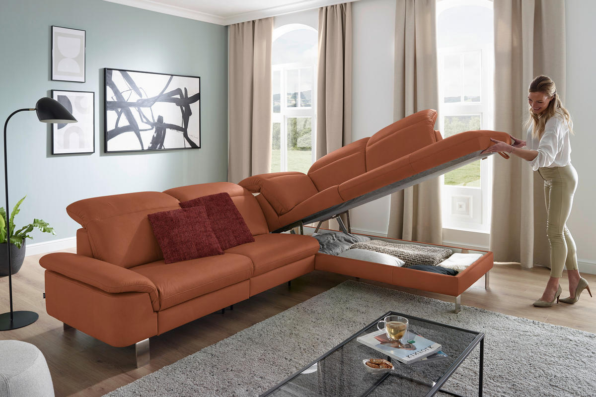 ECKSOFA in Echtleder Cognac  309/233 cm  - Edelstahlfarben/Cognac, Design, Leder/Metall (309/233cm) - Dieter Knoll