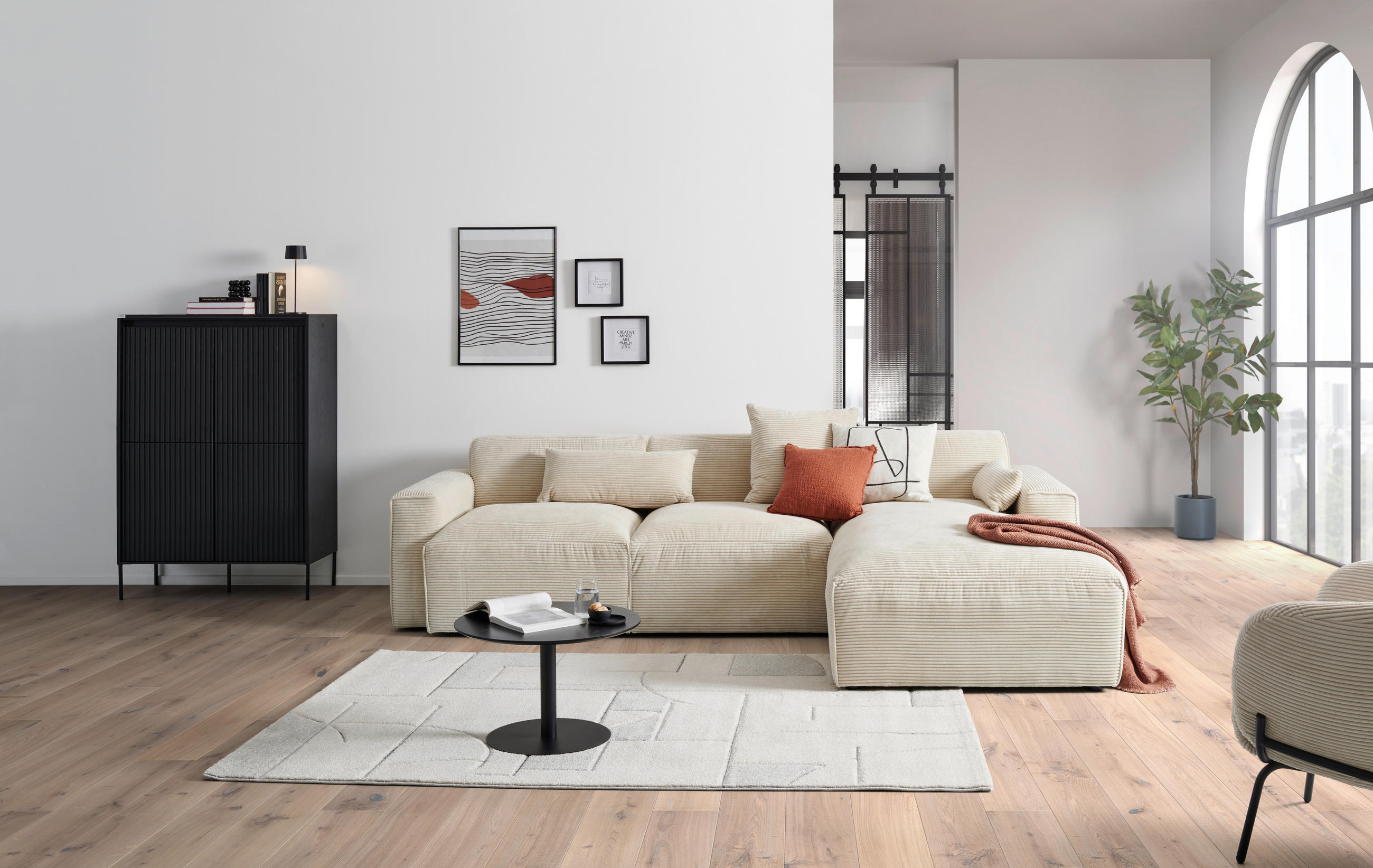 ECKSOFA Beige Cord  - Beige/Schwarz, Design, Kunststoff/Textil (303/196cm) - Livetastic
