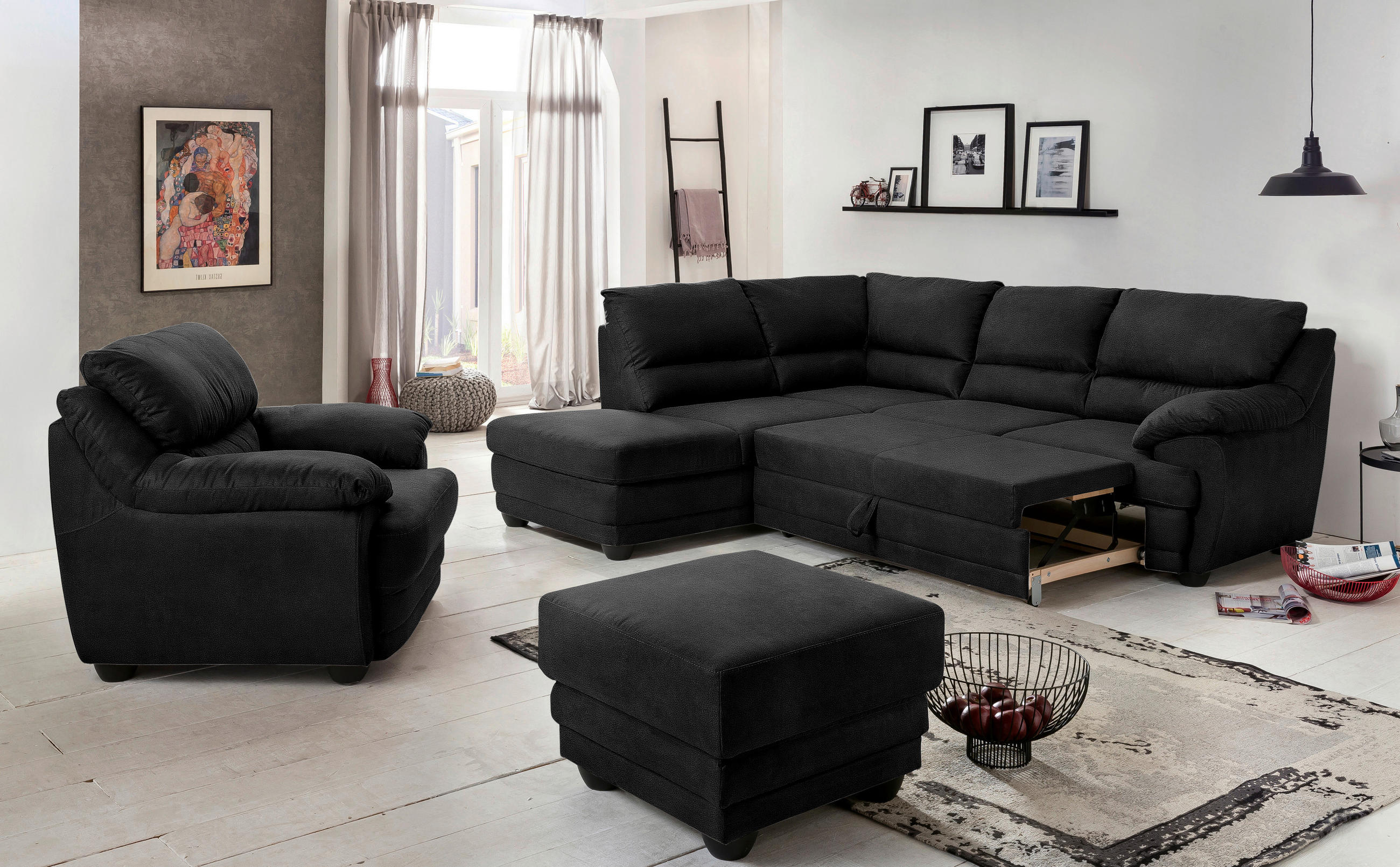 ECKSOFA in Chenille Anthrazit  - Anthrazit/Schwarz, Design, Kunststoff/Textil (225/246cm) - Livetastic