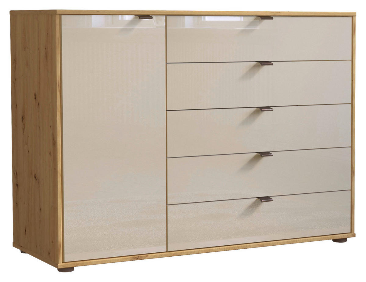 KOMMODE , 120/86/43 cm, 5 Schublade(n)  - Schieferfarben/Eiche Bianco, Design, Glas/Holzwerkstoff (120/86/43cm) - Novel
