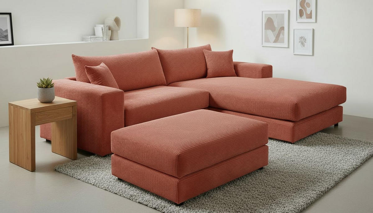 ECKSOFA FUNNY S Terracotta Cord, Velours Zierkissen, Rückenkissen, Hocker  - Terracotta/Schwarz, Basics, Kunststoff/Textil (265/180cm) - Livetastic