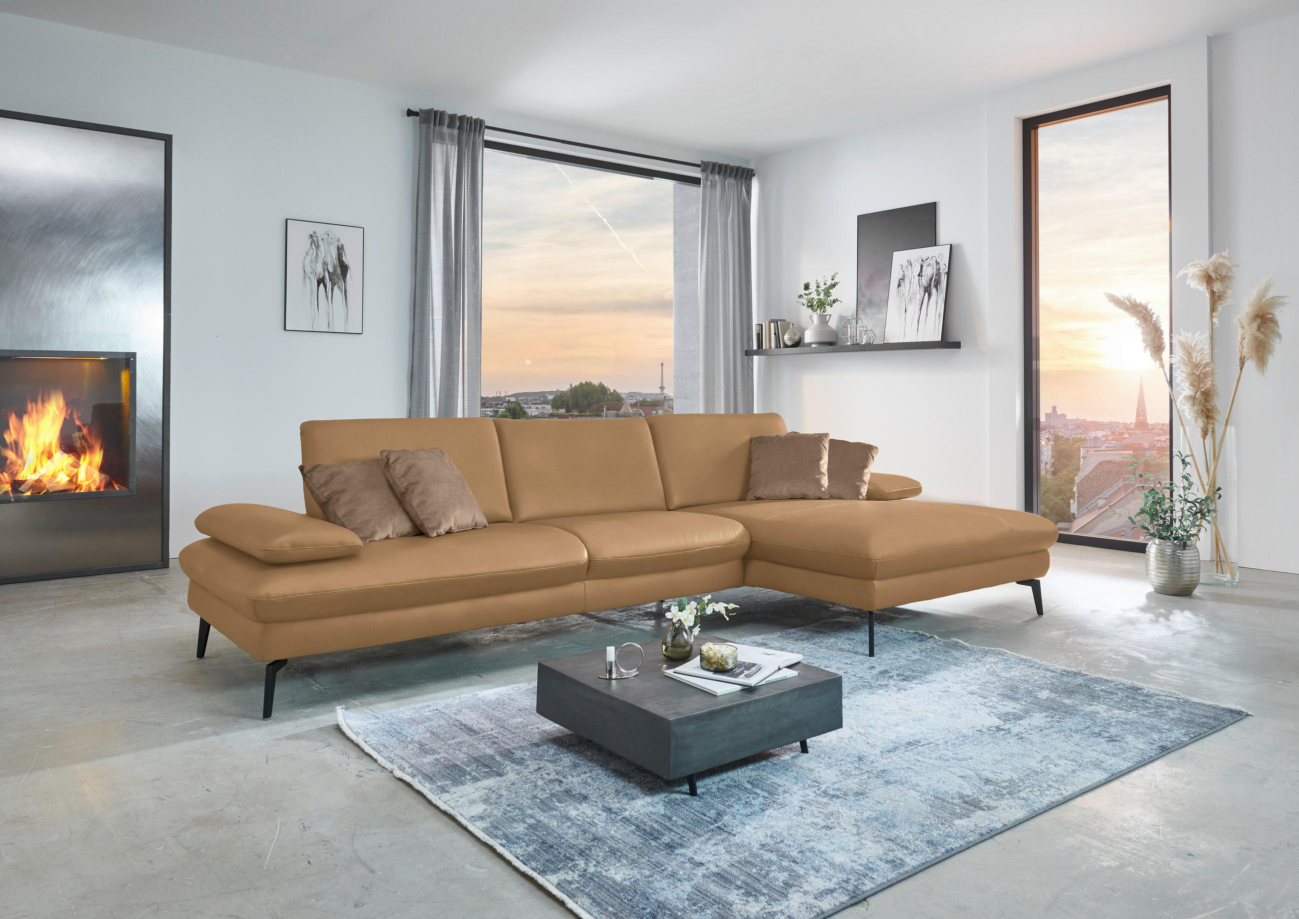 ECKSOFA in Echtleder Honig  - Schwarz/Honig, Design, Leder/Metall (325/157cm) - Dieter Knoll