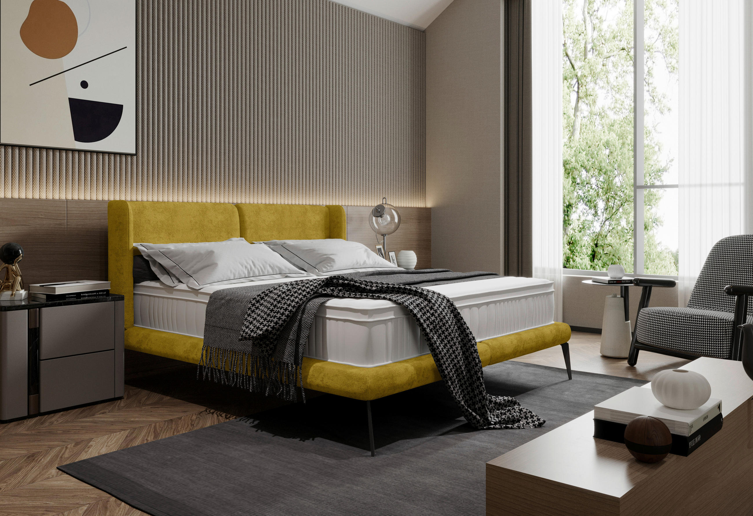 Polsterbett inkl. Matratze Matratze, gepolstertes Kopfteil, Topper 180/200 cm  in Gelb  - Gelb/Creme, MODERN, Textil/Metall (180/200cm) - Livetastic