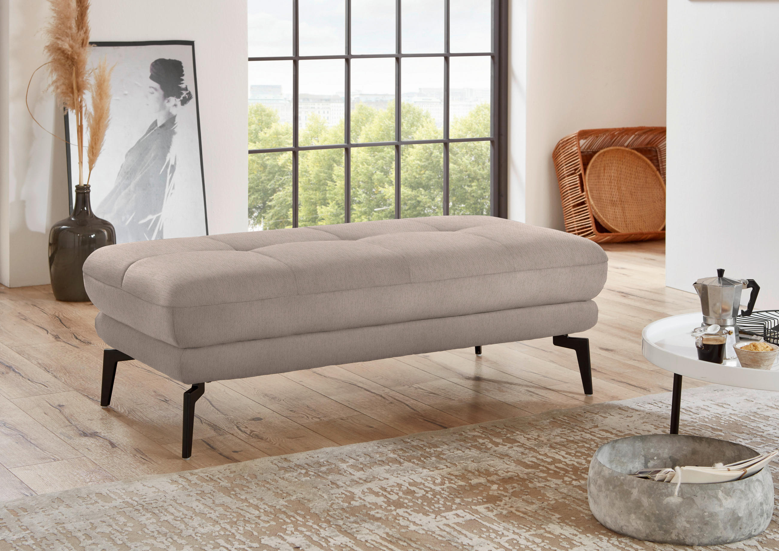 HOCKER in Textil Naturfarben  - Schwarz/Naturfarben, Design, Textil/Metall (132/45/68cm) - Beldomo Style