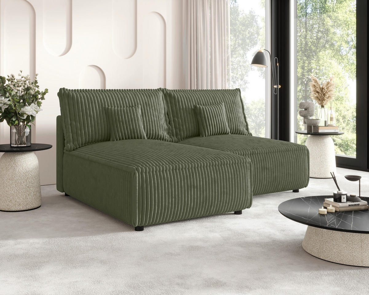 ECKSOFA Olivgrün Cord Zierkissen, Rückenkissen, Schlaffunktion, Rücken echt  - Schwarz/Olivgrün, MODERN, Kunststoff/Textil (153/200cm) - Xora