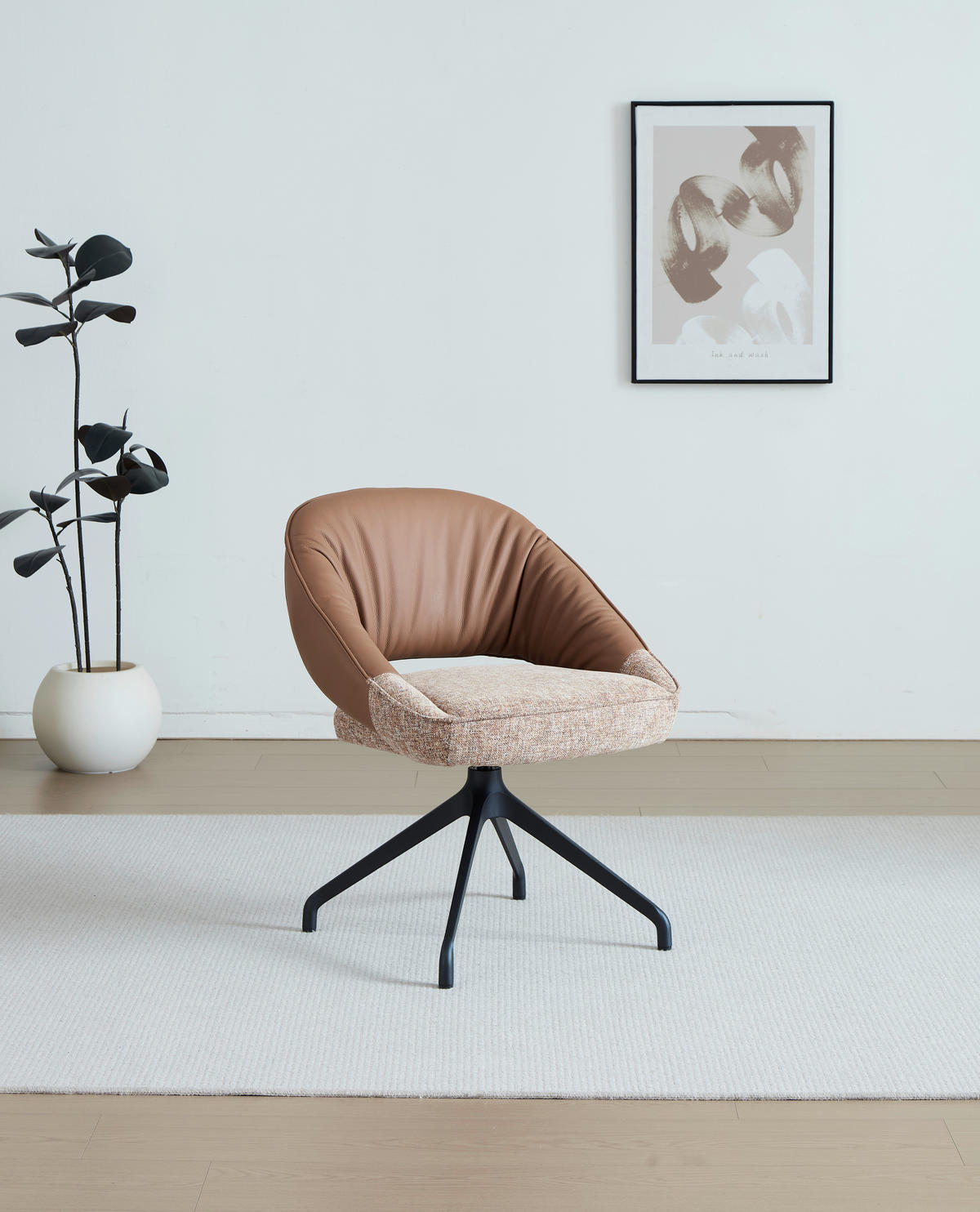 ARMLEHNSTUHL  Sitzfläche 360° drehbar, automatische Rückholfunktion Leinenoptik Echtleder  Schwarz, Cognac  - Cognac/Schwarz, Design, Leder/Textil (60/81/63.5cm) - Dieter Knoll