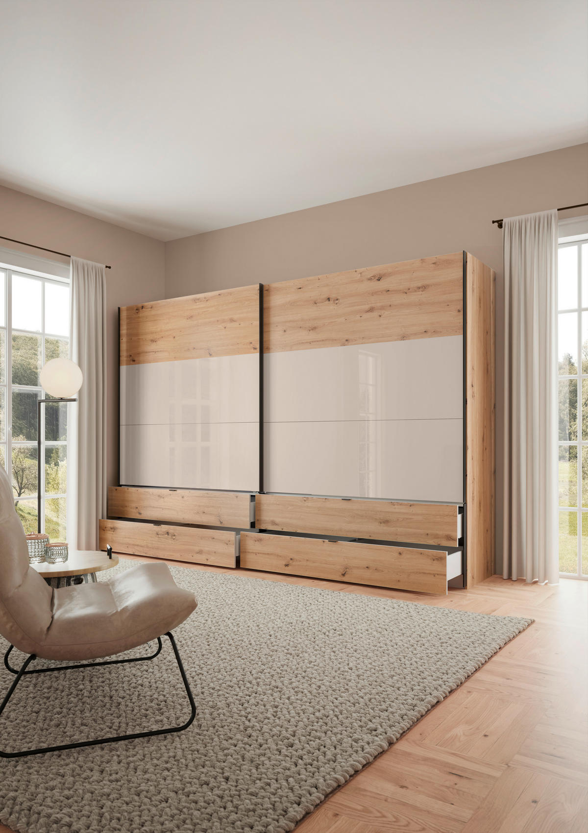 SCHWEBETÜRENSCHRANK 252/222/68 cm 2-türig Eiche Artisan, Elfenbein  - Elfenbein/Schwarz, Design, Glas/Holzwerkstoff (252/222/68cm) - Dieter Knoll