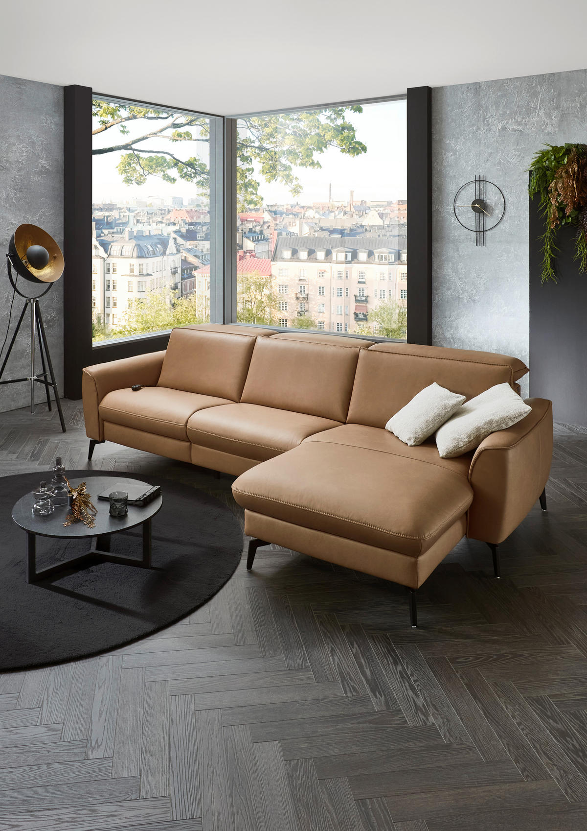 ECKSOFA in Echtleder Haselnussfarben  - Schwarz/Haselnussfarben, Natur, Leder/Metall (281/168cm) - Valdera