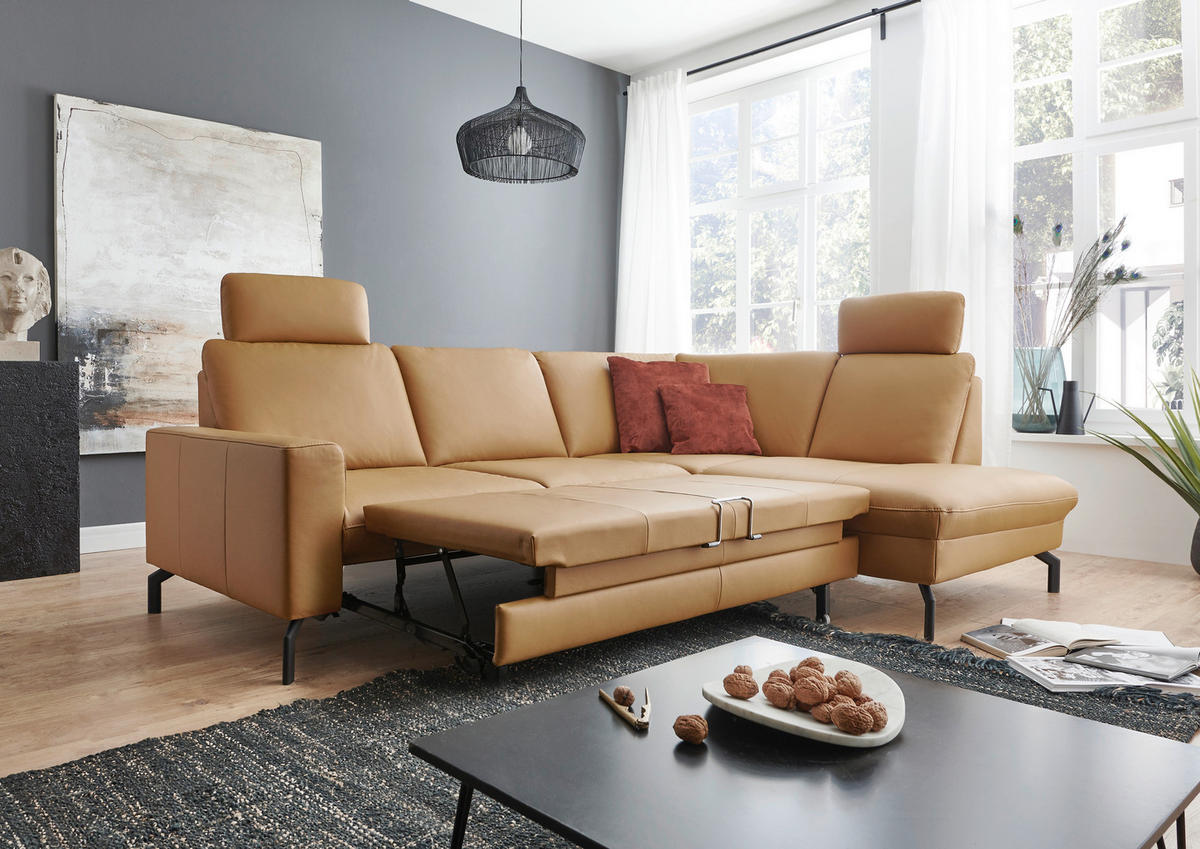 ECKSOFA in Echtleder Currygelb  - Currygelb/Schwarz, Design, Leder/Metall (194/250cm) - Beldomo Premium