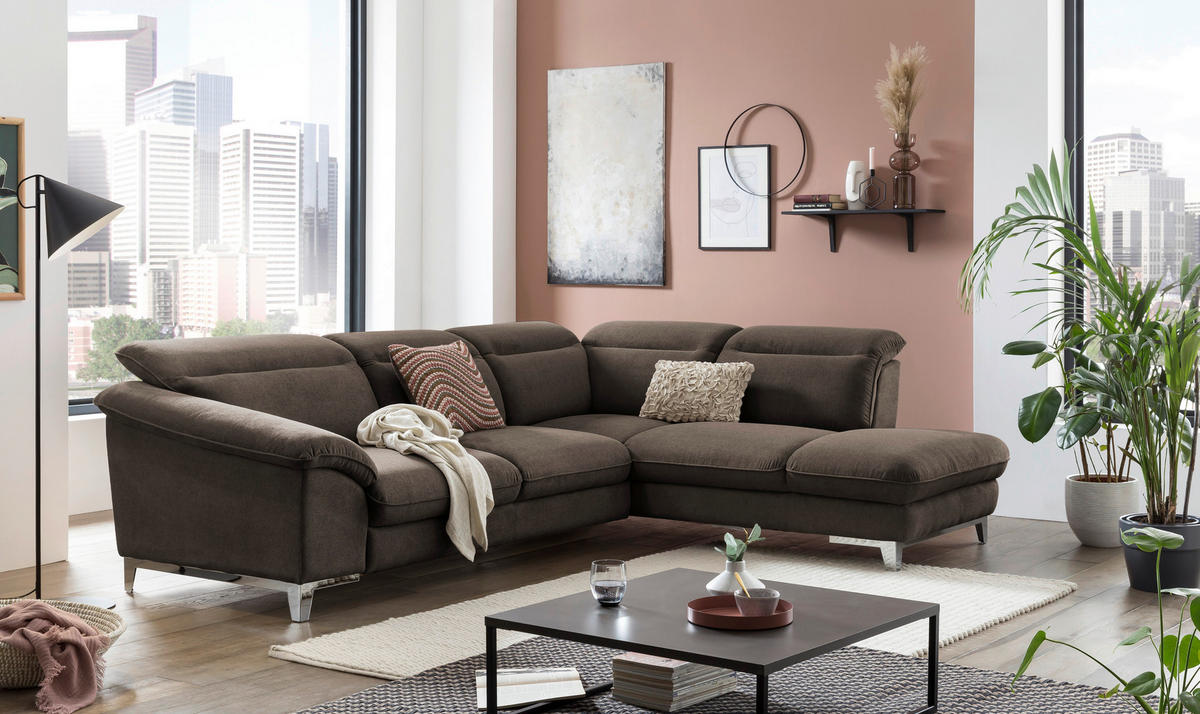 ECKSOFA in Chenille Dunkelbraun  - Chromfarben/Dunkelbraun, Design, Textil/Metall (293/232cm) - Livetastic