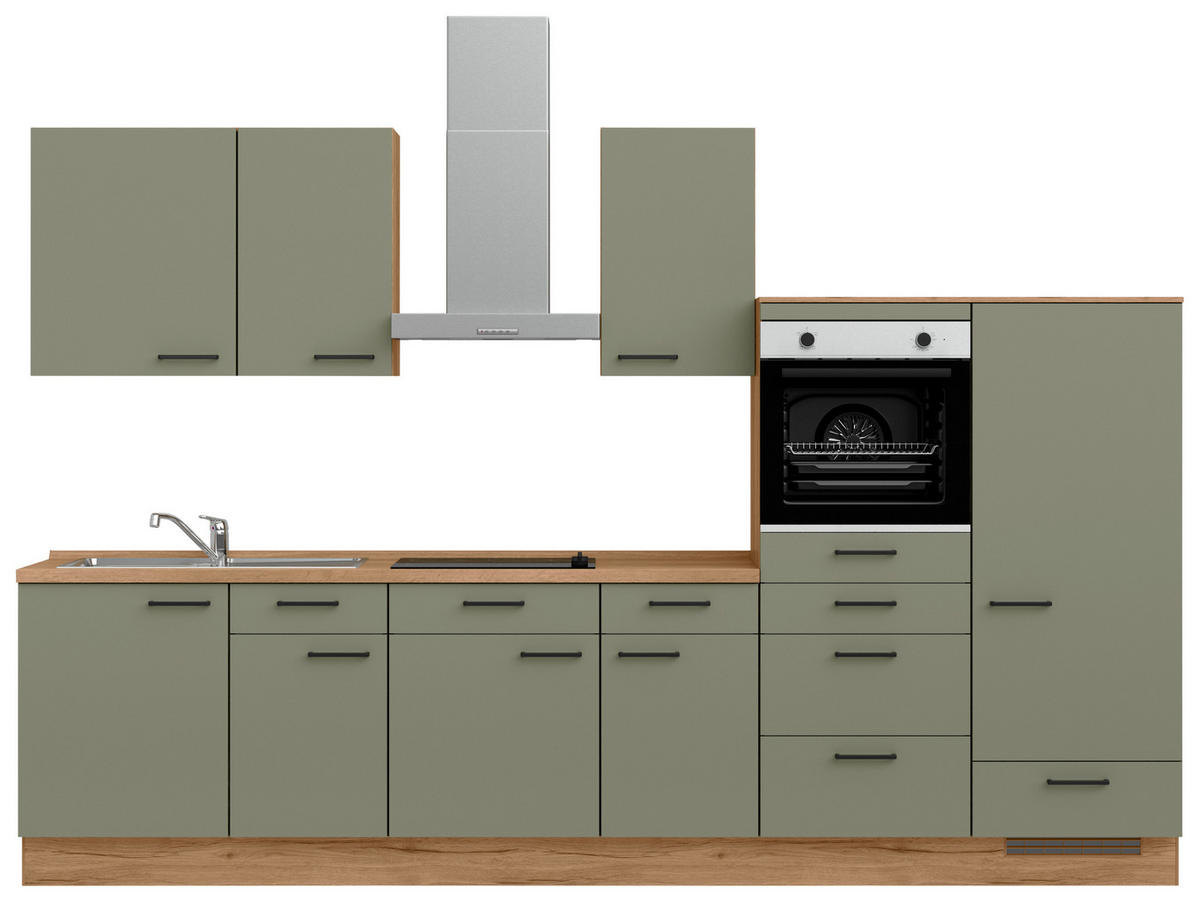 KÜCHENBLOCK Senso 330 cm  in Eichefarben, Olivgrün  - Eichefarben/Schwarz, MODERN, Holzwerkstoff/Metall (330cm) - Nobilia