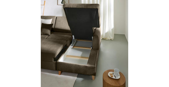 ECKSOFA Braun Flachgewebe Bettkasten, Schlaffunktion, Rücken echt, Kopfstütze, Liegefläche im Originalstoff  - Buchefarben/Braun, KONVENTIONELL, Holz/Textil (241/166cm) - Carryhome