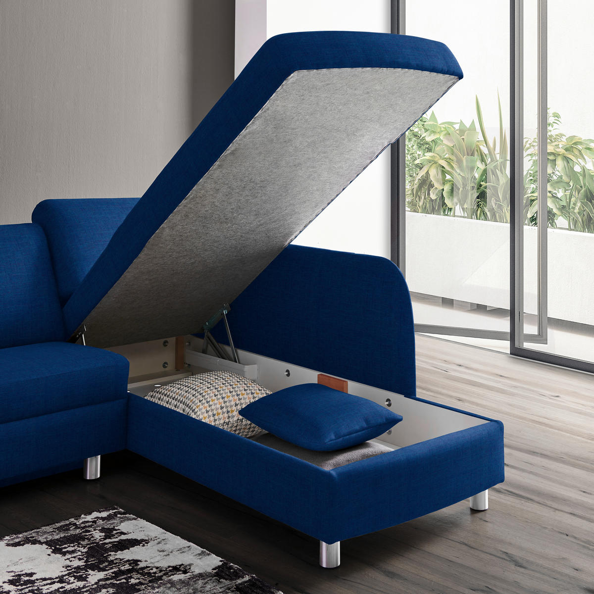 ECKSOFA in Chenille Dunkelblau  227/208 cm  - Alufarben/Dunkelblau, KONVENTIONELL, Textil/Metall (227/208cm) - Sedda