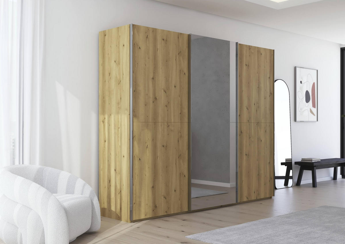 SCHWEBETÜRENSCHRANK 270/223/68 cm 3-türig Eichefarben, Chromfarben  - Chromfarben/Eichefarben, Design, Holz/Holzwerkstoff (270/223/68cm) - Novel
