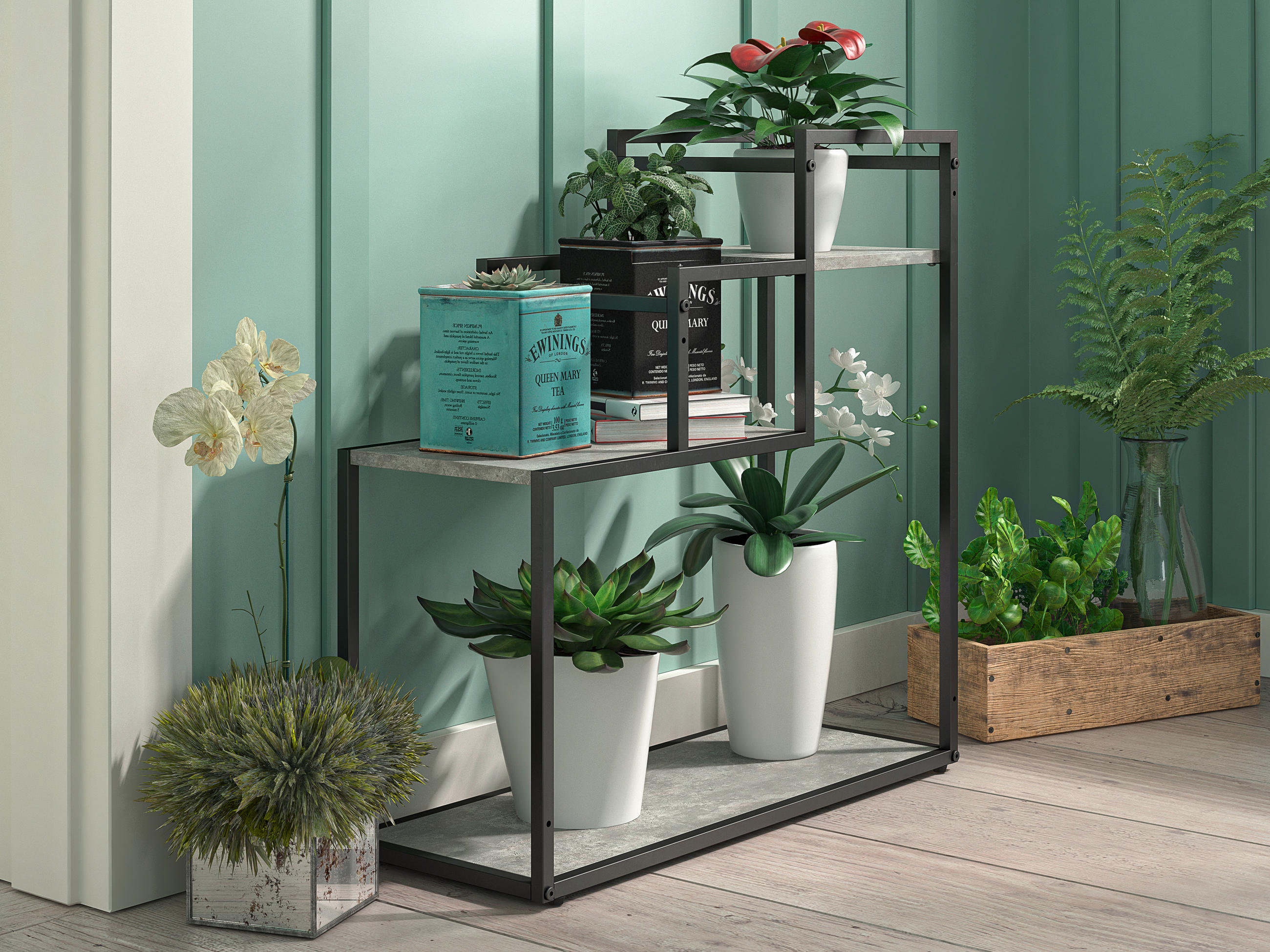 Thumbnail - Mid.you Blumenständer Weston, Grau, Schwarz, Metall, Holzwerkstoff, Holzoptik, 58x58x23 cm, Wohnzimmer, Wohnzimmertische...