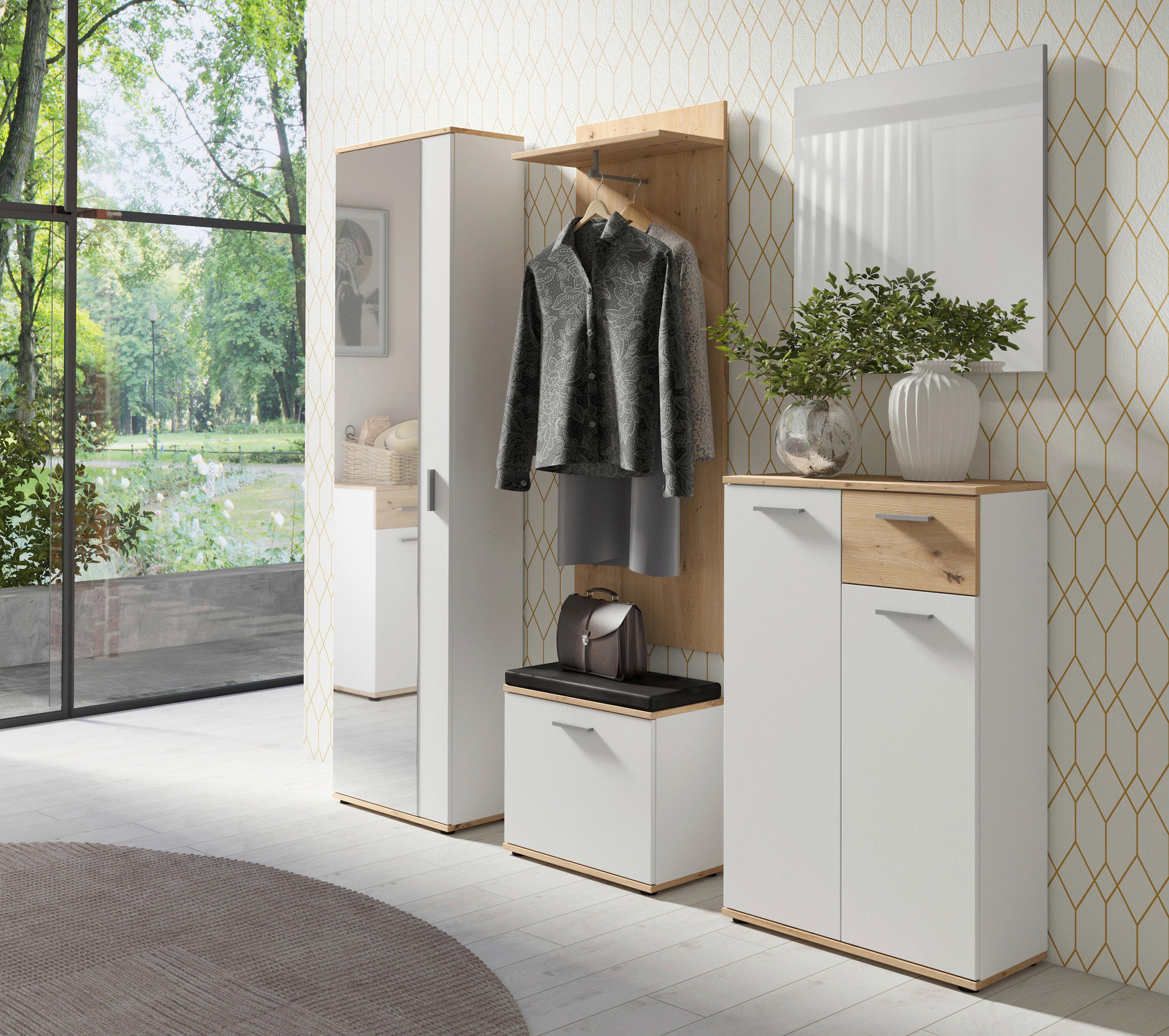 GARDEROBE 5-teilig  in 49/196/30 cm  - Weiß/Eiche Artisan, Design, Glas/Holzwerkstoff (49/196/30cm) - MID.YOU