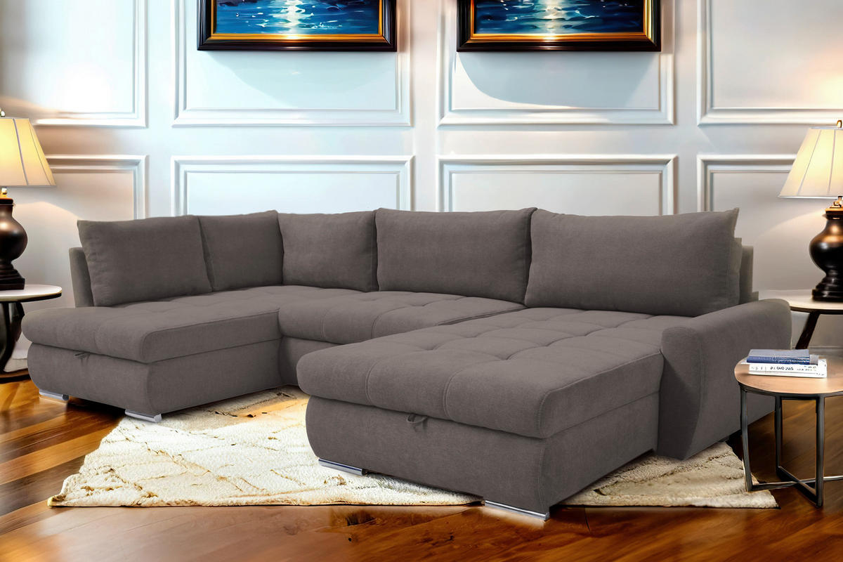 ECKSOFA Graubraun Velours  - Chromfarben/Graubraun, Design, Kunststoff/Textil (173/322/174cm) - Livetastic