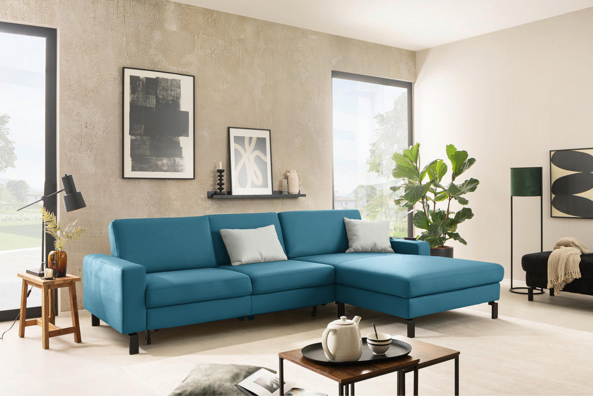 ECKSOFA Cord Petrol  - Petrol/Schwarz, Design, Textil/Metall (298/185cm) - Pure Home Lifestyle