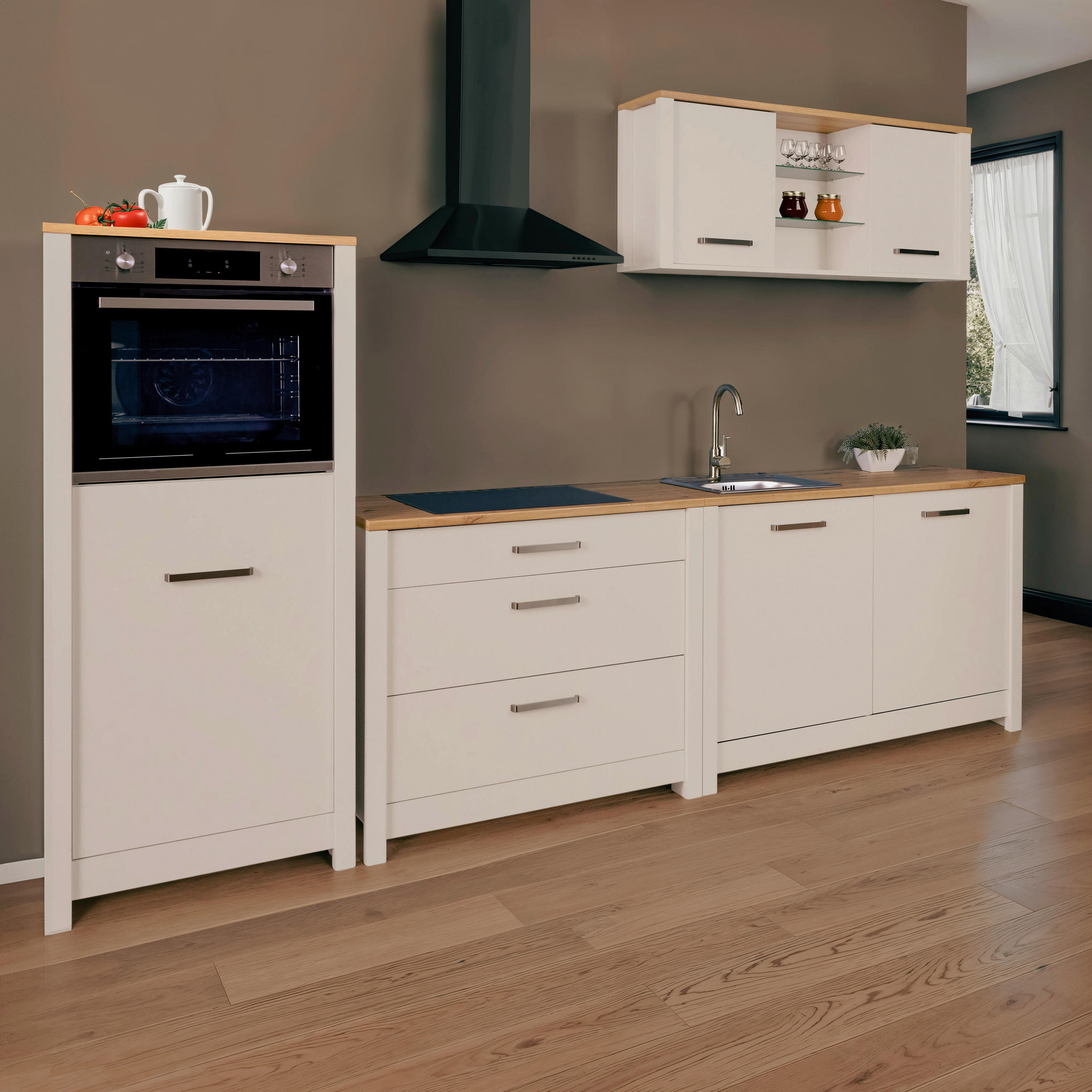 KÜCHENLEERBLOCK 300 cm   in Kaschmir, Eiche Artisan  - Kaschmir/Silberfarben, MODERN, Glas/Holzwerkstoff (300cm) - home24