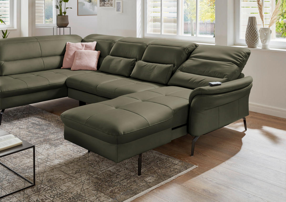 WOHNLANDSCHAFT Echtleder Grau, Grün  - Schwarz/Grau, Design, Leder/Metall (206/336/181cm) - Beldomo Speed