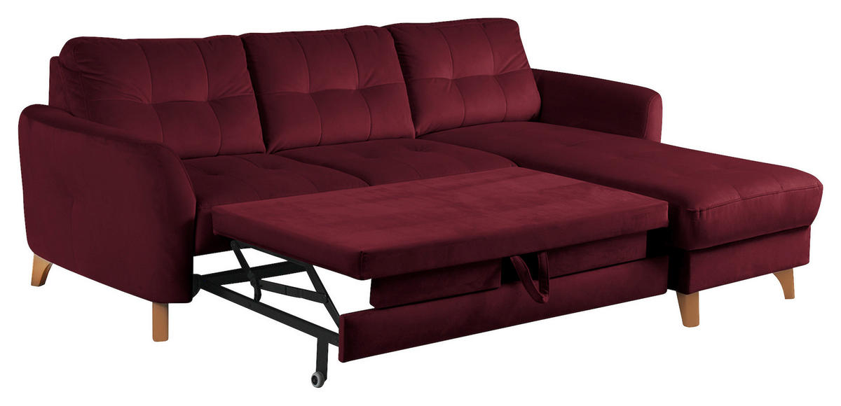 ECKSOFA Rot Samt Bettkasten, Schlaffunktion, Liegefläche im Originalstoff  - Buchefarben/Rot, Design, Holz/Textil (238/168cm) - Livetastic