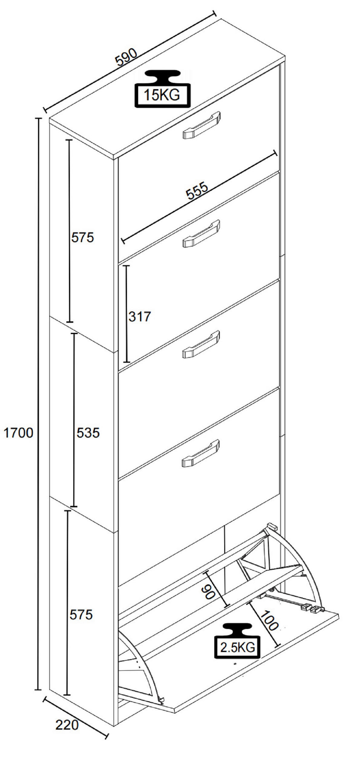 SCHUHSCHRANK Weiß, Honigeiche  - Honigeiche/Weiß, LIFESTYLE, Holzwerkstoff (59/170/22cm) - MID.YOU