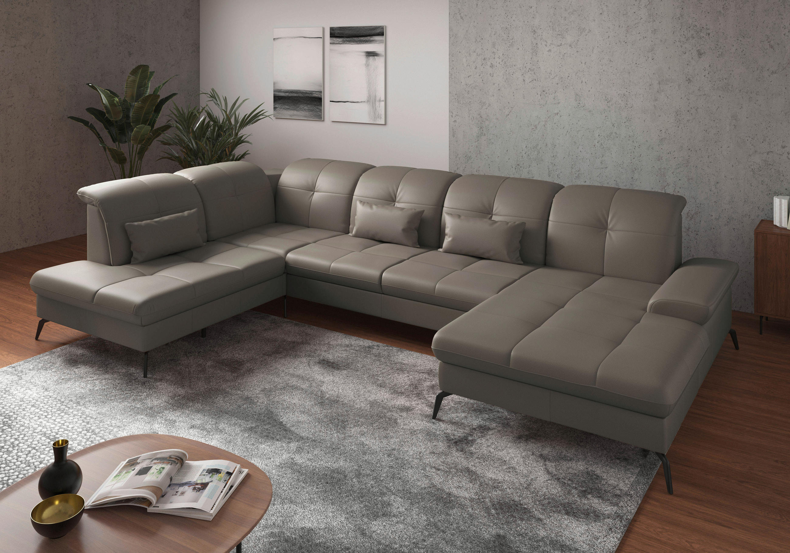 WOHNLANDSCHAFT in Vliesstoff Kombination Echtleder/Stoff Grau  - Schwarz/Grau, KONVENTIONELL, Leder/Textil (231/357/185cm) - Sit & More