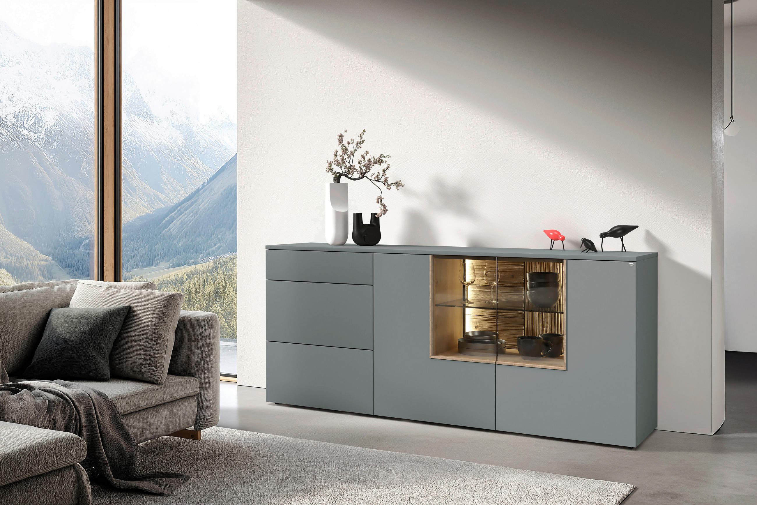 SIDEBOARD Wildeiche, Graugrün  191,9/84/44,9 cm  - Wildeiche/Graugrün, Design, Glas/Holz (191,9/84/44,9cm) - Voglauer