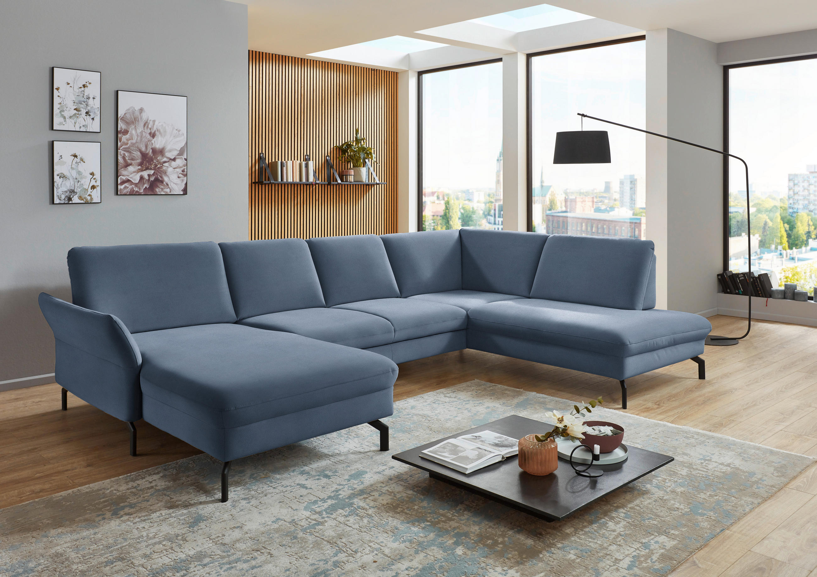 WOHNLANDSCHAFT Hellblau Velours  - Schwarz/Hellblau, Design, Textil/Metall (179/335/220cm) - Beldomo System
