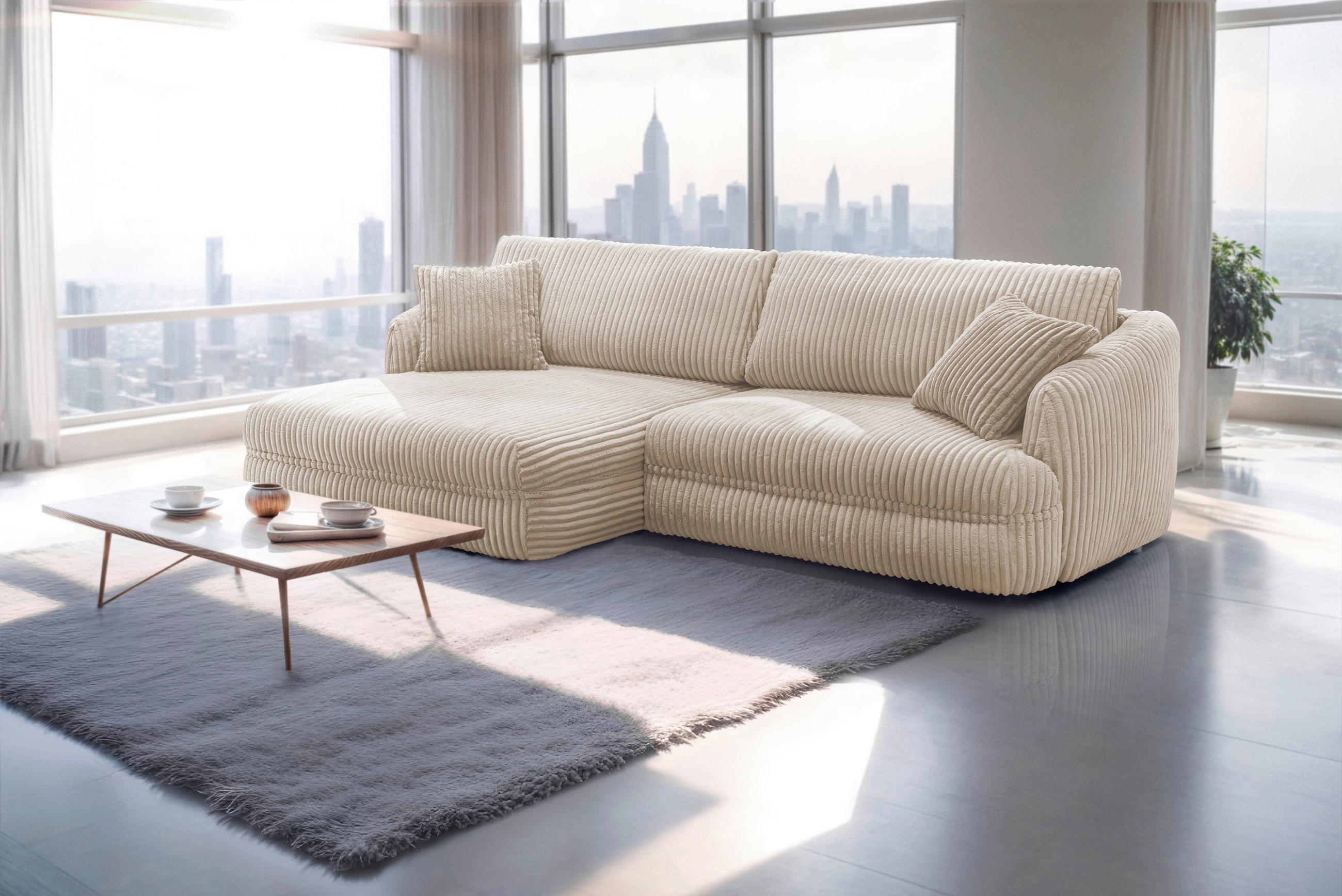 ECKSOFA Sandfarben Cord  - Sandfarben/Schwarz, Design, Kunststoff/Textil (161/284cm) - Livetastic