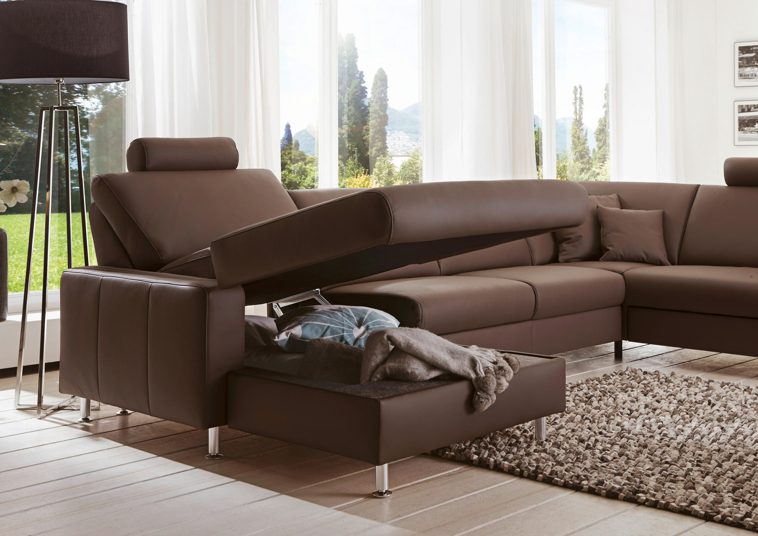 SOFFA i äkta läder mörkbrun - alufärgad/mörkbrun, Design, metall/läder (233/339/165cm) - Beldomo Premium