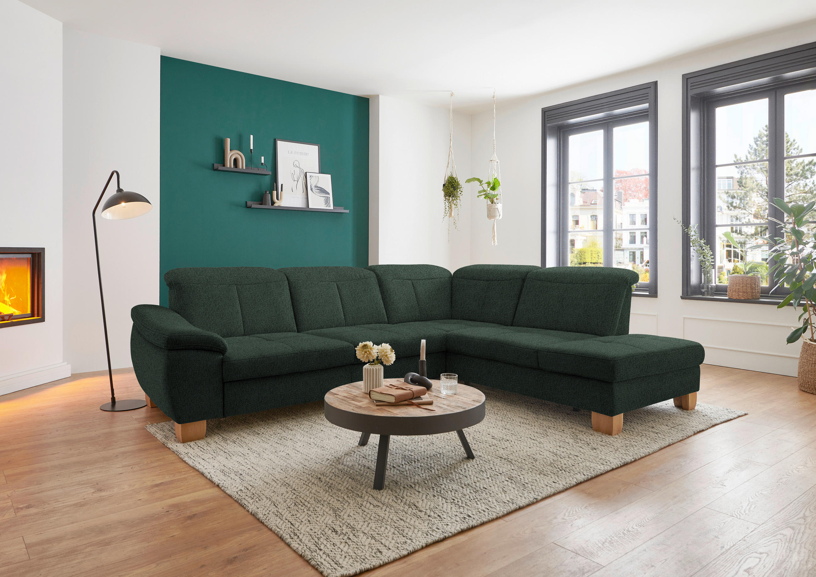 ECKSOFA in Flachgewebe Dunkelgrün  - Wildeiche/Dunkelgrün, Natur, Holz/Textil (301/243cm) - Voleo
