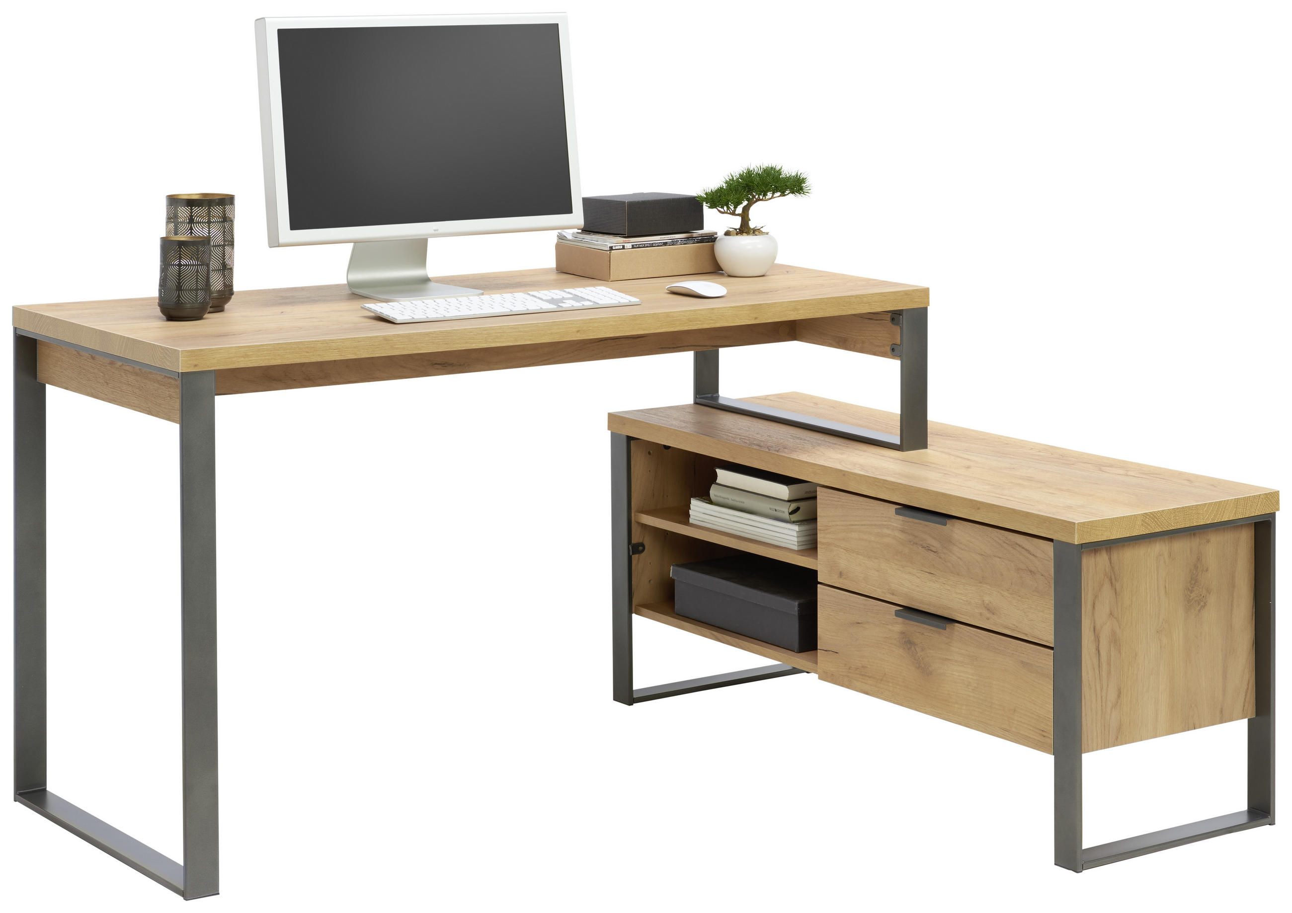 Eckschreibtisch in Anthrazit, Eichefarben