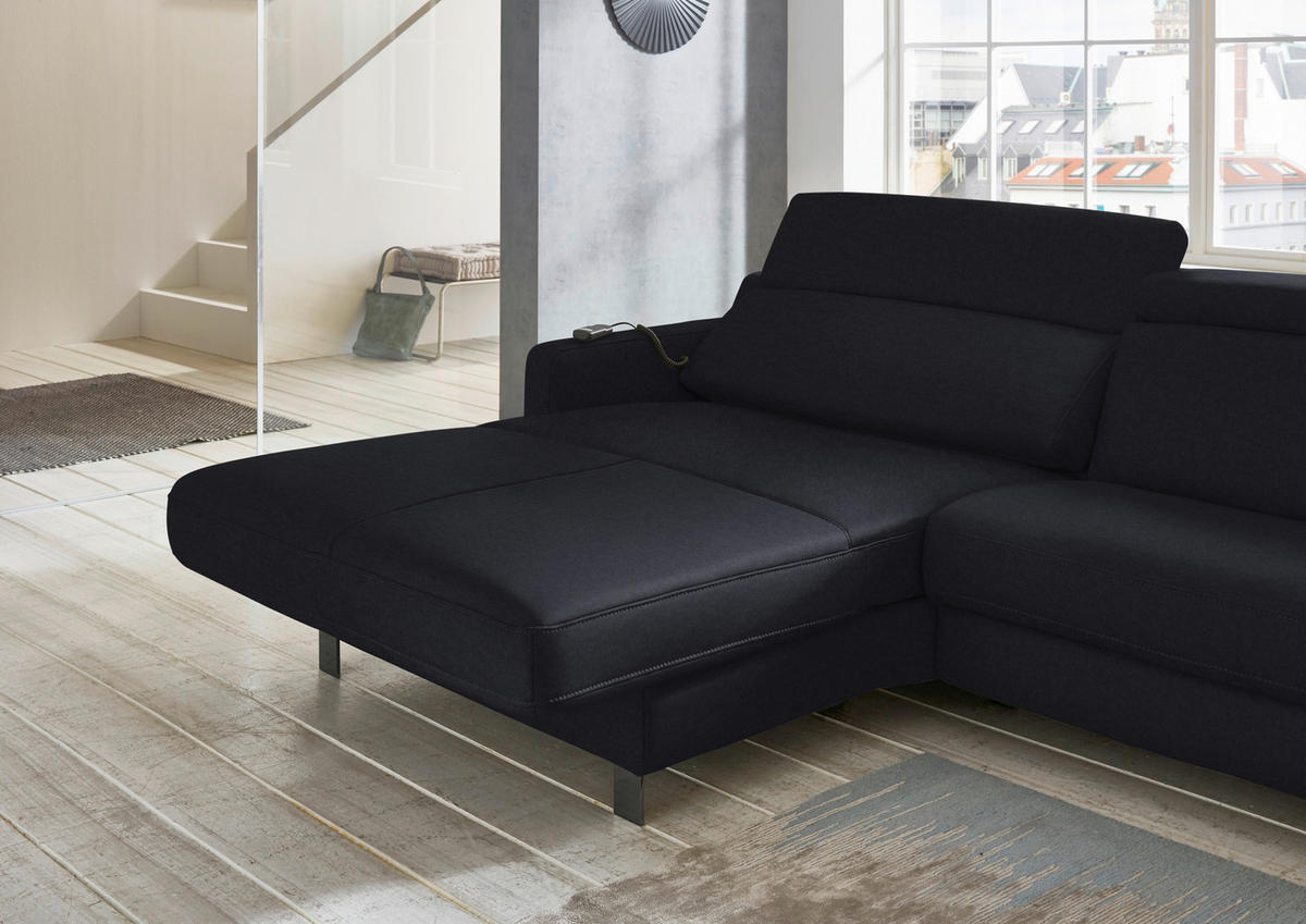ECKSOFA in Echtleder Schwarz  - Schwarz, Design, Leder/Metall (176/291cm) - Valdera
