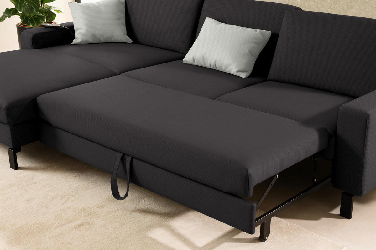 ECKSOFA  in Cord Dunkelbraun Rücken echt, Sitztiefenverstellung  185/298 cm  - Dunkelbraun/Schwarz, Design, Textil/Metall (185/298cm) - Pure Home Lifestyle