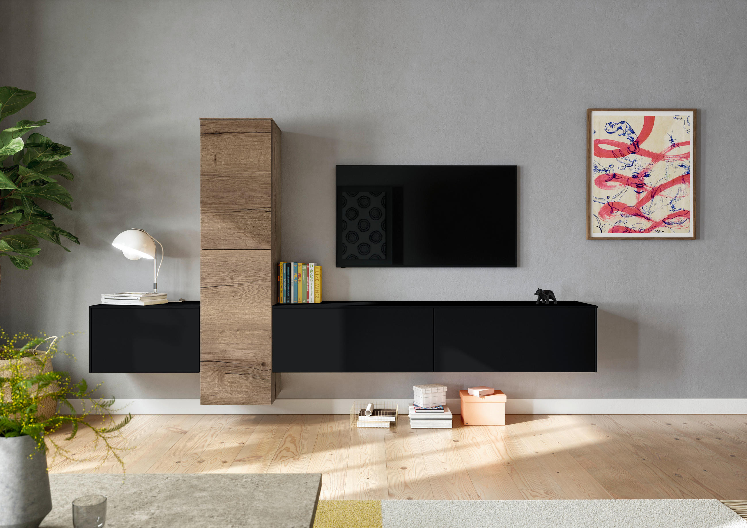 WOHNWAND  in Schwarz, Eichefarben  282/160/37 cm  - Eichefarben/Schwarz, Design, Holzwerkstoff (282/160/37cm) - Celina Home