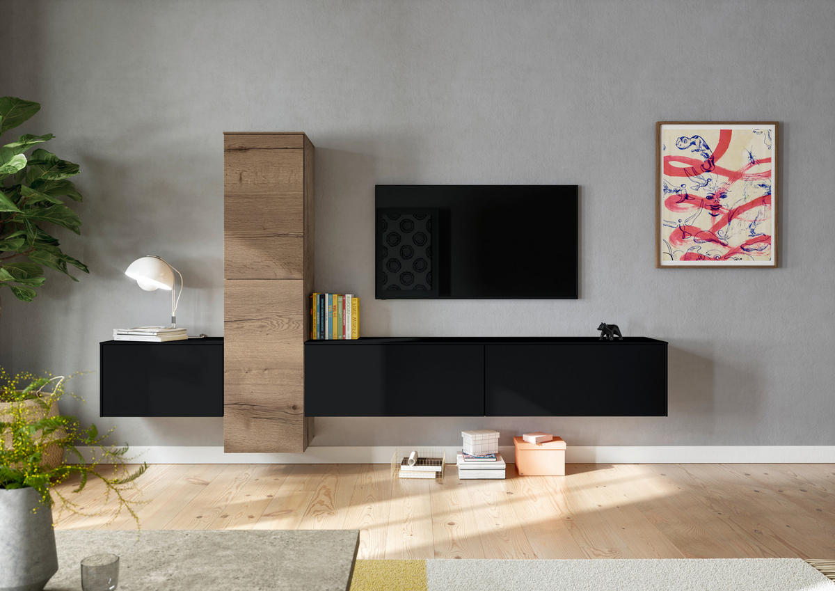 WOHNWAND  in Schwarz, Eichefarben  282/160/37 cm  - Eichefarben/Schwarz, Design, Holzwerkstoff (282/160/37cm) - Celina Home