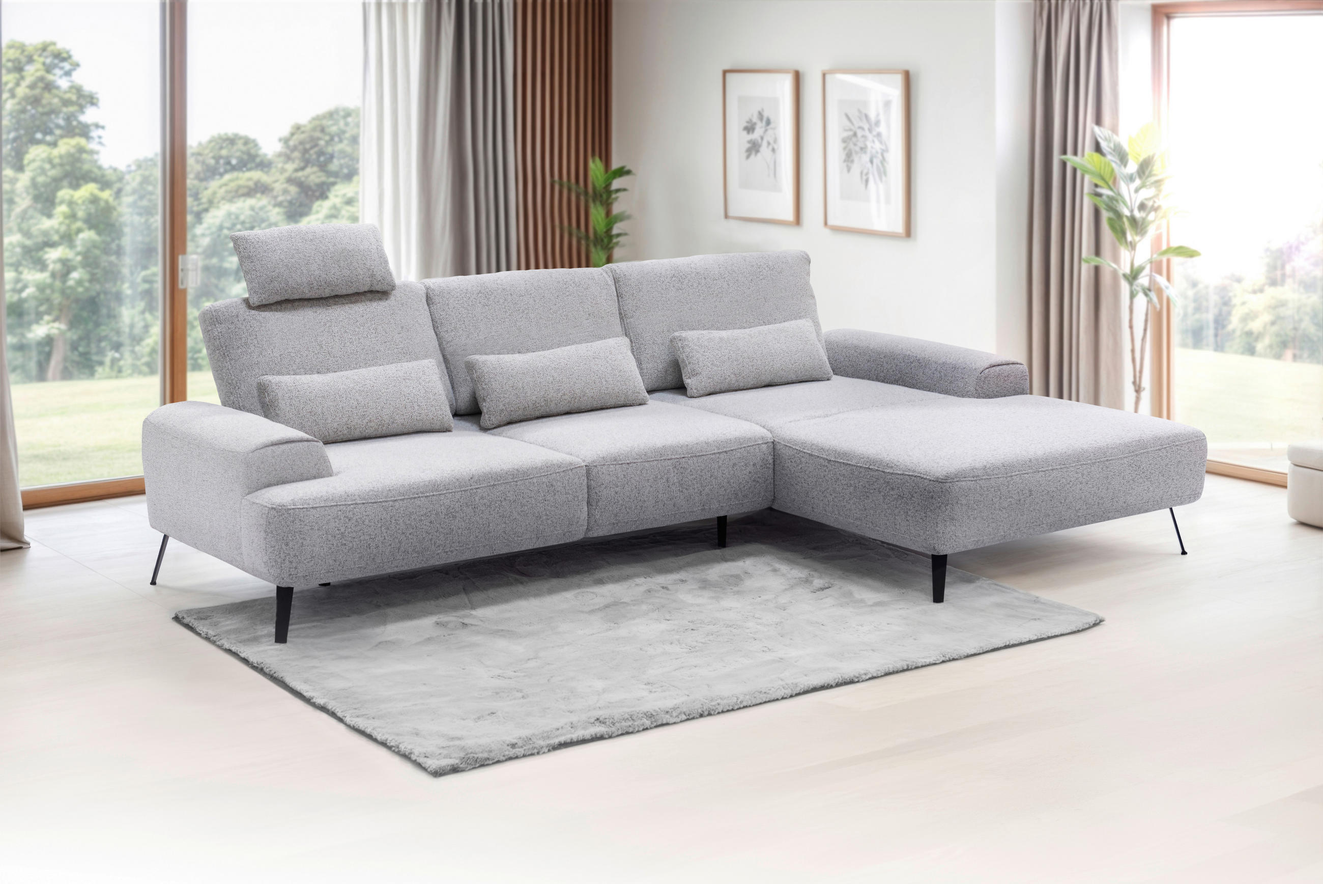 ECKSOFA Astoria Hellgrau Flachgewebe  - Hellgrau/Schwarz, Design, Textil/Metall (305/178cm) - Livetastic