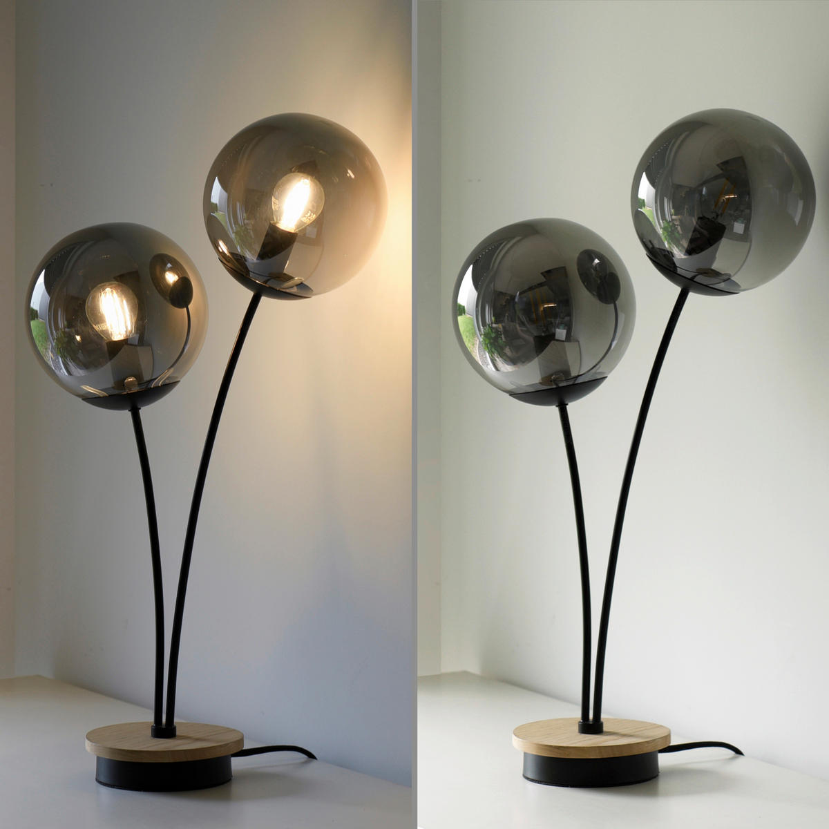 TISCHLEUCHTE 33,5/16/60 cm   - Schwarz, Natur, Glas/Holz (33,5/16/60cm)