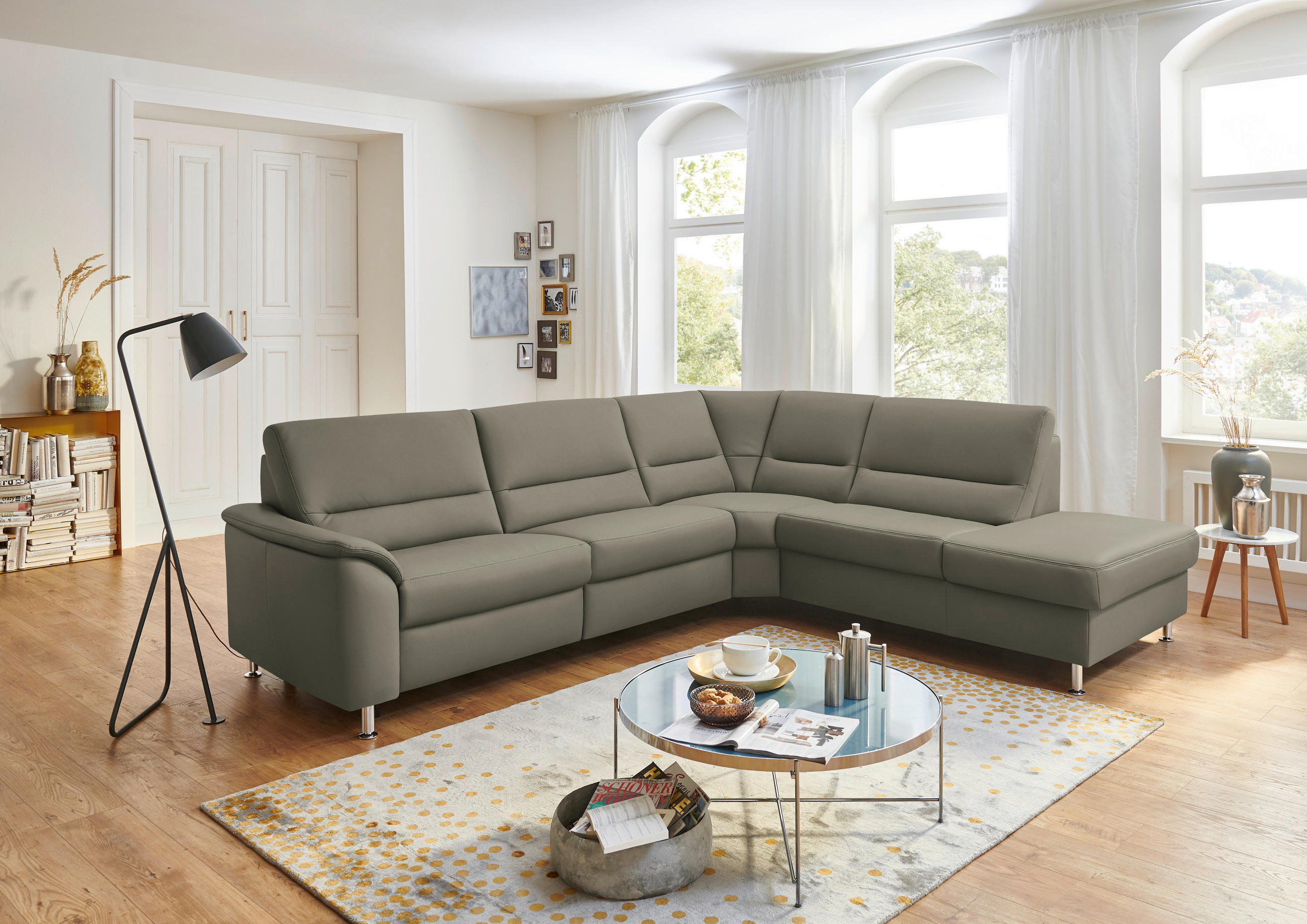 ECKSOFA in Echtleder Hellgrau  290/249 cm  - Hellgrau/Alufarben, KONVENTIONELL, Leder/Metall (290/249cm) - Beldomo Premium