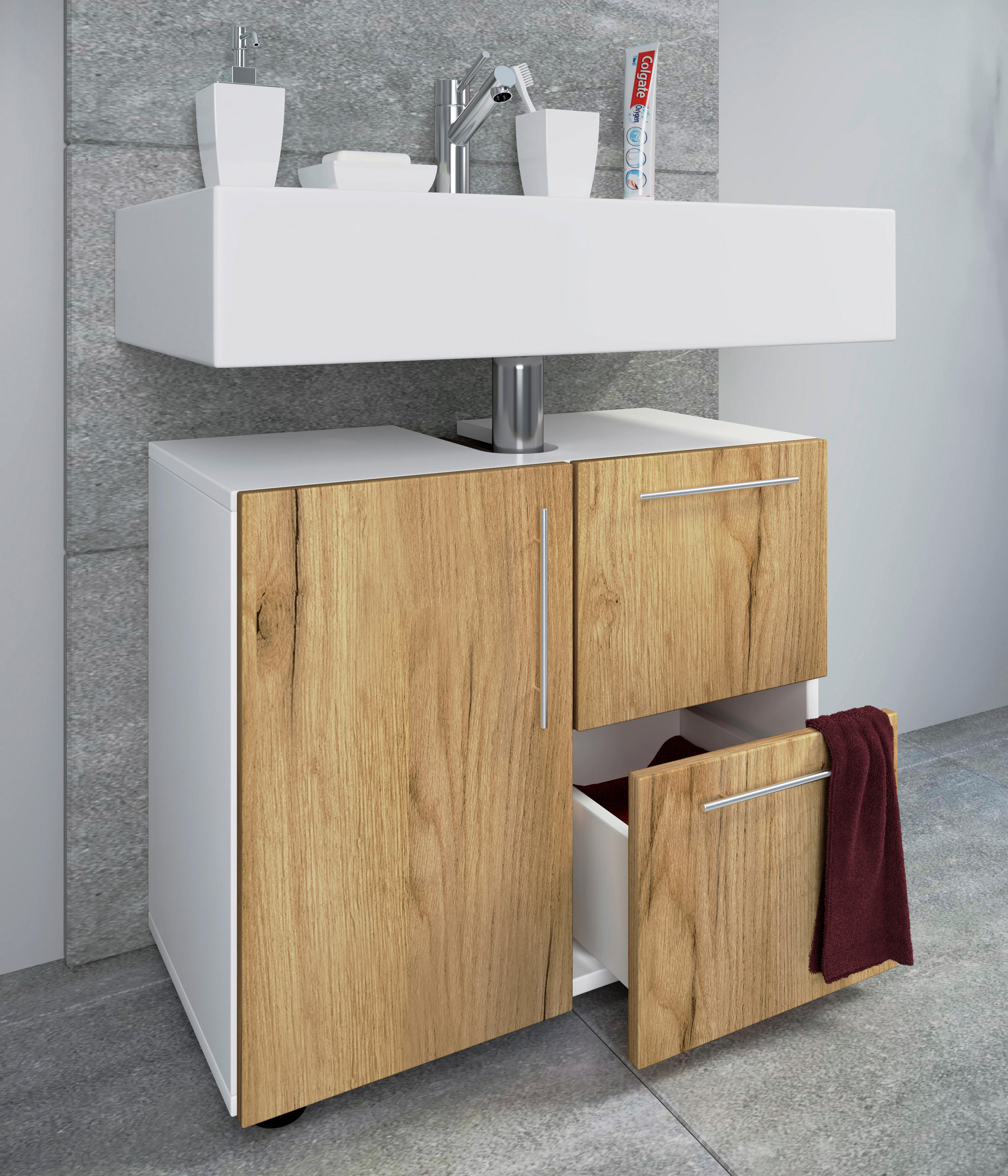 WASCHBECKENUNTERSCHRANK 61/51/32 cm  - Honigeiche/Weiss, Modern, Holzwerkstoff/Kunststoff (61/51/32cm) - MID.YOU