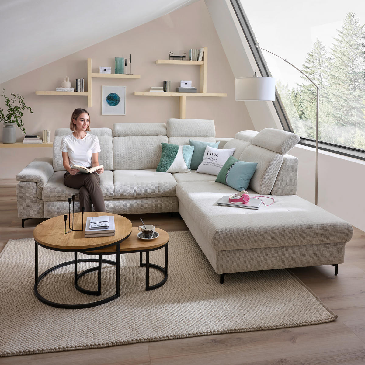 ECKSOFA in Struktur Beige  - Beige/Schwarz, Design, Textil/Metall (292/270cm) - Stylife