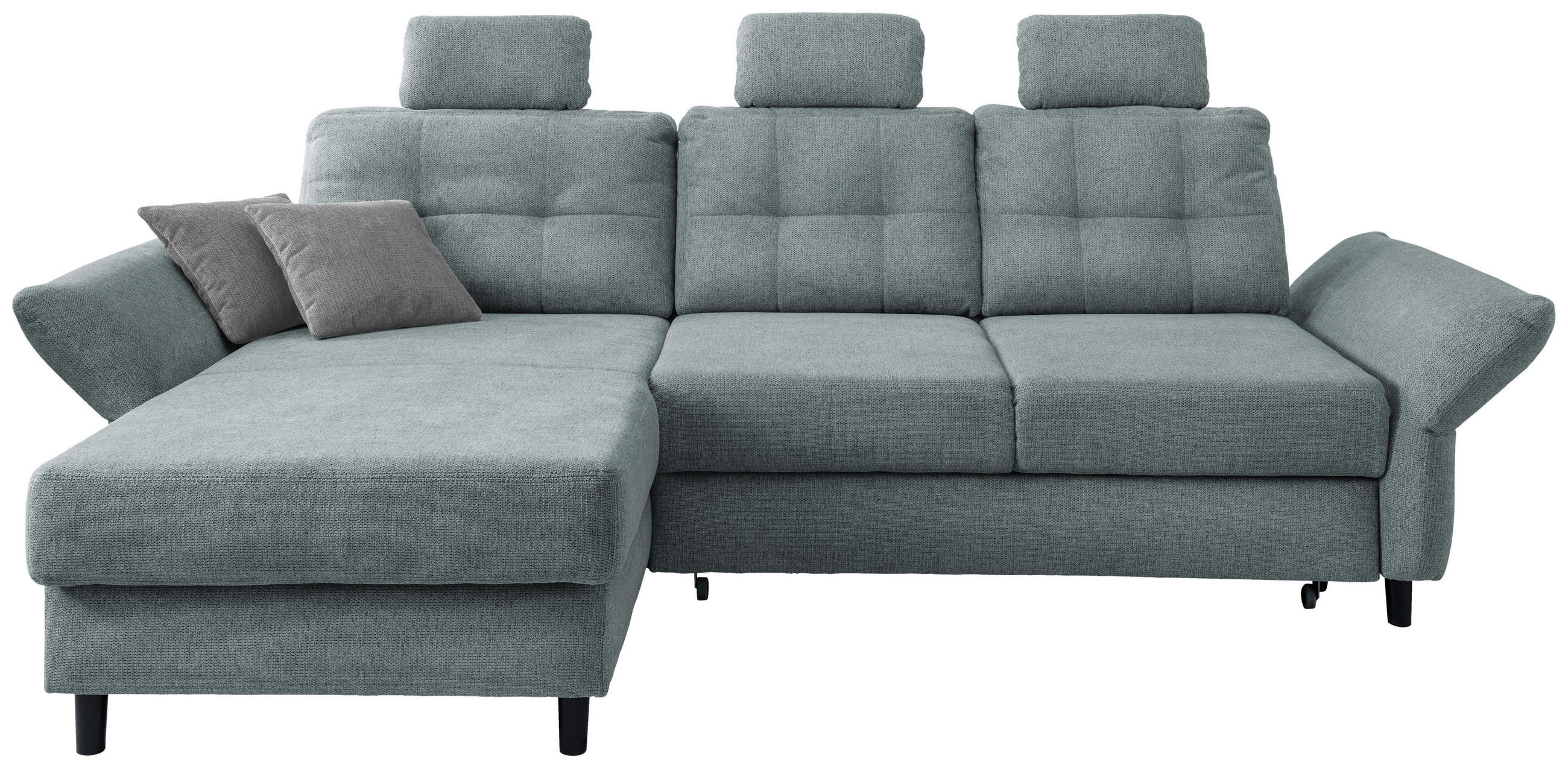 ECKSOFA Blau Chenille Zierkissen, Bettkasten, Schlaffunktion, Armteilverstellung, Sitztiefenverstellung, Kopfstütze, Liegefläche im Originalstoff  - Mintgrau/Blau, MODERN, Holz/Textil (176/250-280cm) - Livetastic